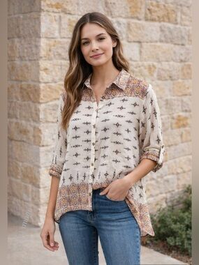American Rag Boho Sheer Blouse XS Button Front High Low Western Print